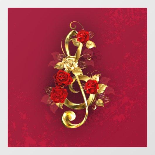 Autocollant Pour Fenêtre Golden Treble Clef avec fleurs Roses (Feuille)