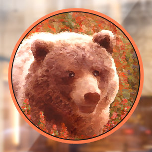 Autocollant Pour Fenêtre Grizzly Bear Cub dans Fireweed Peinture Art de la