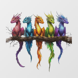 Autocollant Pour Fenêtre Groupe Arc-en-ciel de bébés dragons sur fond noir
