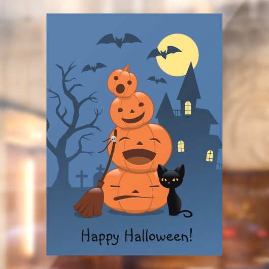 Autocollant Pour Fenêtre Halloween Citrouilles et chat noir (Feuille 2)
