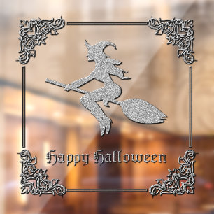 Autocollant Pour Fenêtre Halloween sorcière volante en argent