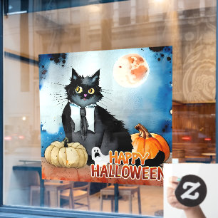 Autocollant Pour Fenêtre Happy Halloween Chat et Citrouilles