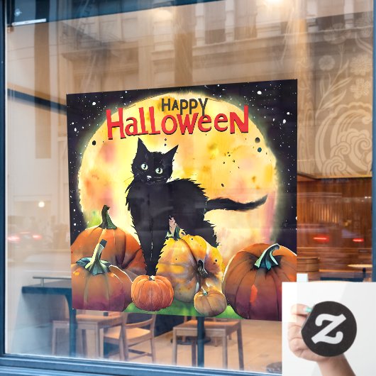 Autocollant Pour Fenêtre Happy Halloween Chat et Citrouilles (Fenêtre de café)