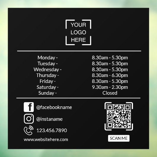 Autocollant Pour Fenêtre Heures d'Ouverture Avec Code QR Logo d'Entreprise  (Feuille 3)