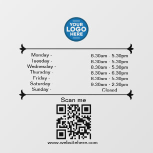 Autocollant Pour Fenêtre Heures d'ouverture avec code QR personnalisé Logo