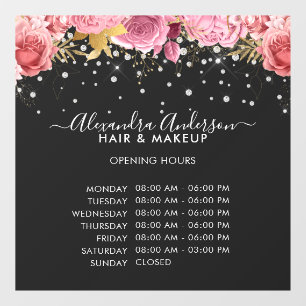 Autocollant Pour Fenêtre Heures d'Ouverture Black Pink Fleurs Diamants Pail