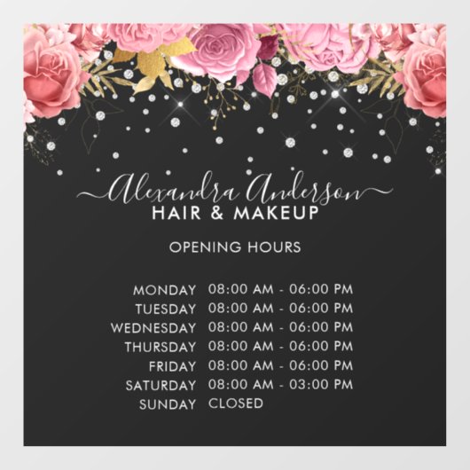 Autocollant Pour Fenêtre Heures d'Ouverture Black Pink Floral Diamants Pail (Feuille)