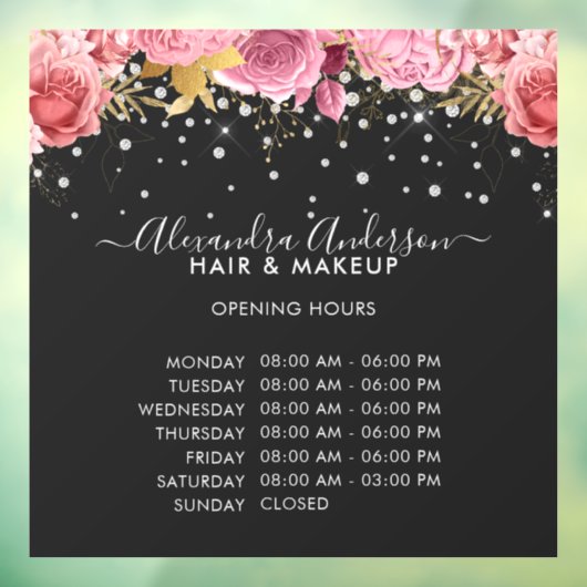 Autocollant Pour Fenêtre Heures d'Ouverture Black Pink Floral Diamants Pail (Feuille 3)