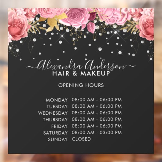 Autocollant Pour Fenêtre Heures d'Ouverture Black Pink Floral Diamants Pail (Feuille 2)