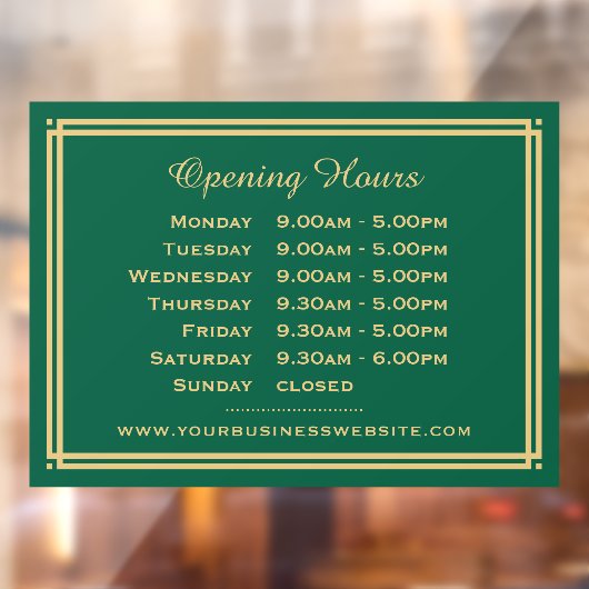 Autocollant Pour Fenêtre Heures d'Ouverture Classiques Entreprise Vert Or (Feuille 2)