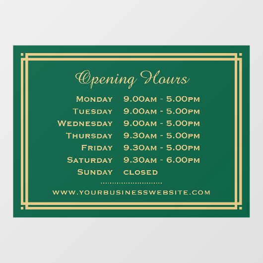 Autocollant Pour Fenêtre Heures d'Ouverture Classiques Entreprise Vert Or (Feuille)