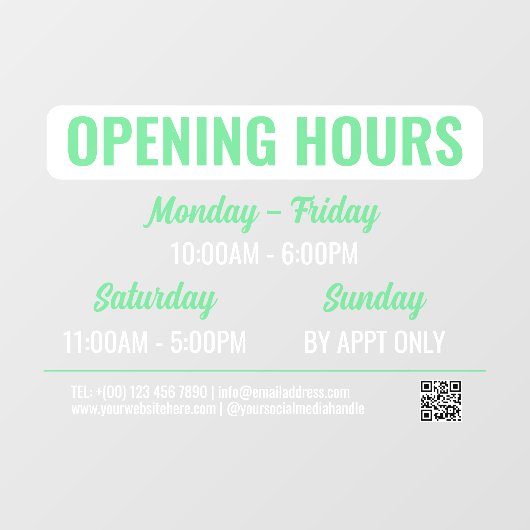 Autocollant Pour Fenêtre Heures d'ouverture Code QR écriture rétro vert & b (Feuille)