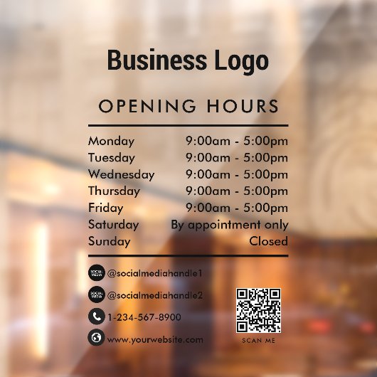 Autocollant Pour Fenêtre Heures d'ouverture Code QR Logo de l'entreprise (Feuille 2)