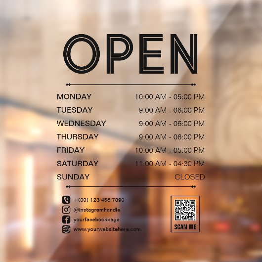 Autocollant Pour Fenêtre Heures d'ouverture code QR noir propre et pratique (Feuille 2)