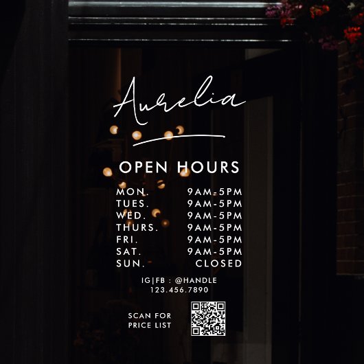 Autocollant Pour Fenêtre Heures d'ouverture de l'entreprise Signature Logo 