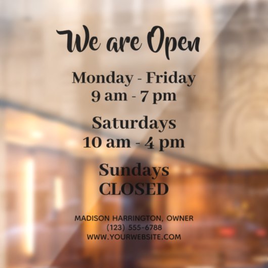 Autocollant Pour Fenêtre Heures d'ouverture de l'entreprise Texte personnal (Feuille 2)