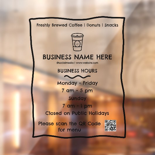 Autocollant Pour Fenêtre Heures d'ouverture de l'Opaque Café Coffee Shop Co (Feuille 2)
