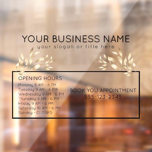 Autocollant Pour Fenêtre Heures d'ouverture de rendez-vous de feuilles d'or (Feuille 2)