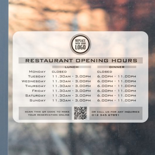 Autocollant Pour Fenêtre Heures d'ouverture déjeuner dîner restaurant perso