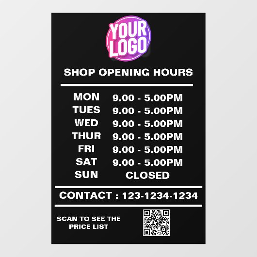 Autocollant Pour Fenêtre Heures d'ouverture d'entreprise avec logo et code (Feuille)
