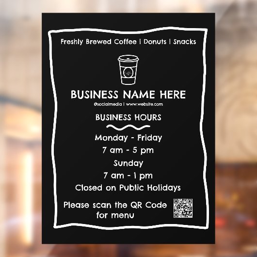 Autocollant Pour Fenêtre Heures d'ouverture du Black & White Cafe QR Code (Feuille 2)