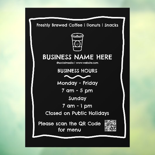 Autocollant Pour Fenêtre Heures d'ouverture du Black & White Cafe QR Code (Feuille 3)