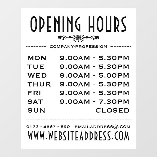 Autocollant Pour Fenêtre Heures d'ouverture et informations (Feuille)