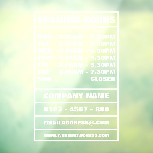Autocollant Pour Fenêtre Heures d'ouverture et informations (Feuille 3)