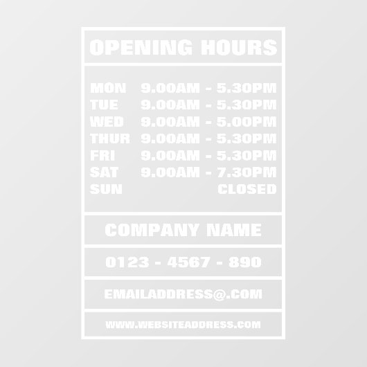 Autocollant Pour Fenêtre Heures d'ouverture et informations (Feuille)