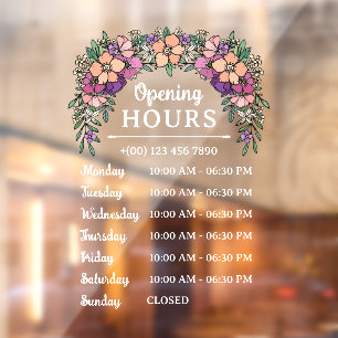 Autocollant Pour Fenêtre Heures d'ouverture Fleuries Rose et Violet pour En