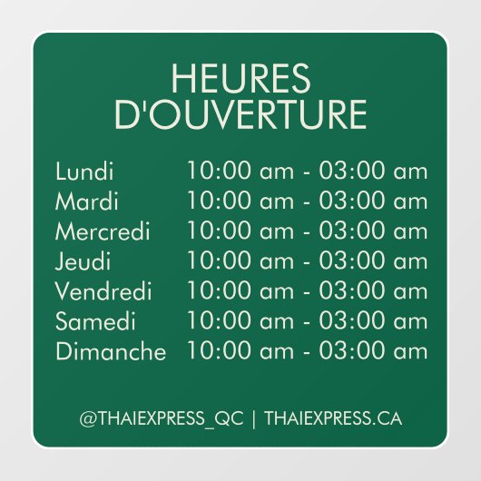 Autocollant Pour Fenêtre Heures d'ouverture - Inverser (Feuille)