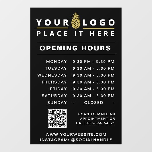 Autocollant Pour Fenêtre Heures d'ouverture Logo d'affaires Heures QR Code (Feuille)