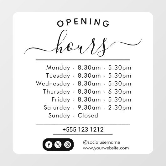 Autocollant Pour Fenêtre Heures d'Ouverture Modernes Écriture Élégante Peti (Feuille)