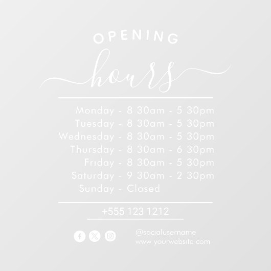 Autocollant Pour Fenêtre Heures d'ouverture modernes Élégant Script Petite  (Feuille)
