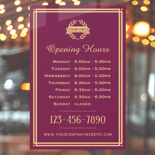 Autocollant Pour Fenêtre Heures d'ouverture personnalisées Plum Gold Vintag
