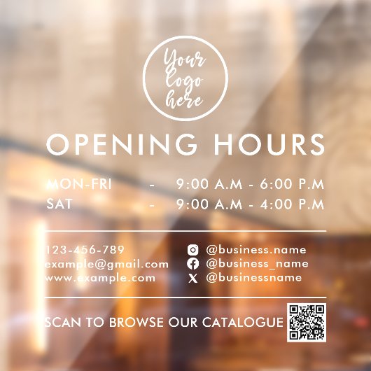 Autocollant Pour Fenêtre Heures d'ouverture QR Code Logo Coordonnées Blanc (Feuille 2)