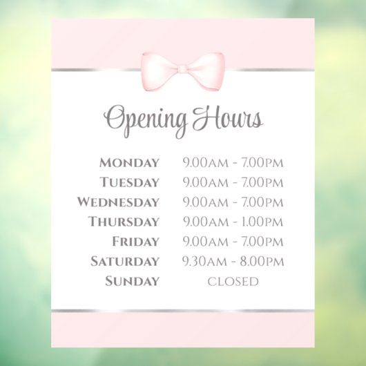 Autocollant Pour Fenêtre Heures d'ouverture ruban rose Coquette (Feuille 3)