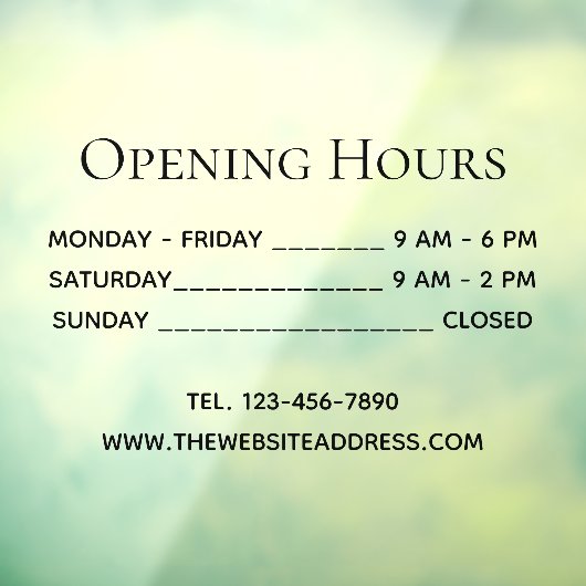 Autocollant Pour Fenêtre Heures d'ouverture Simple Black Text Times Télépho (Feuille 3)