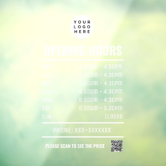 Autocollant Pour Fenêtre Heures d'ouverture transparentes avec code qr (Feuille 3)