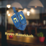 Autocollant Pour Fenêtre Heureux Hanoukka Dreidel<br><div class="desc">Gold Happy Hanoukka texte avec un dreidel bleu.</div>