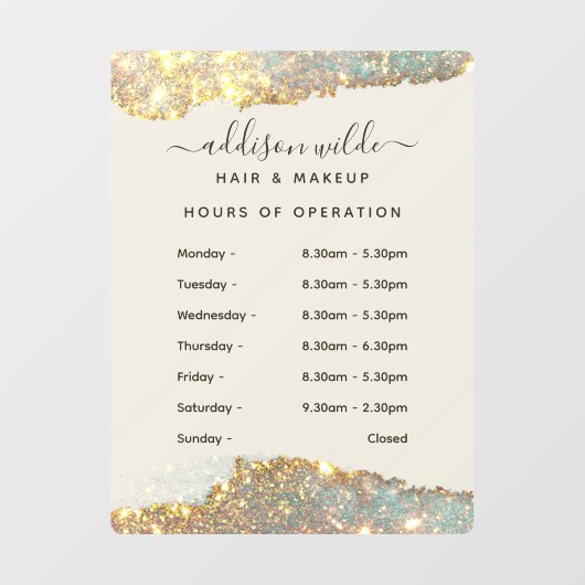 Autocollant Pour Fenêtre Holographique Signature Script Heures d'ouverture  (Feuille)