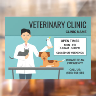 Autocollant Pour Fenêtre Homme Vétérinaire Avec Animaux - Heures d'Ouvertur