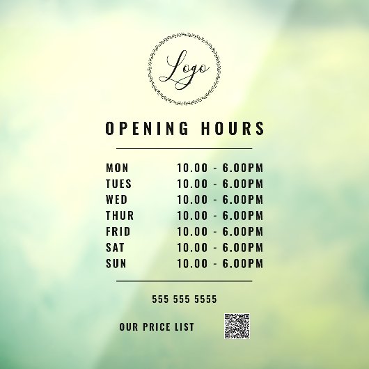 Autocollant Pour Fenêtre Horaires d'ouverture noir Logo Code QR transparent (Feuille 3)