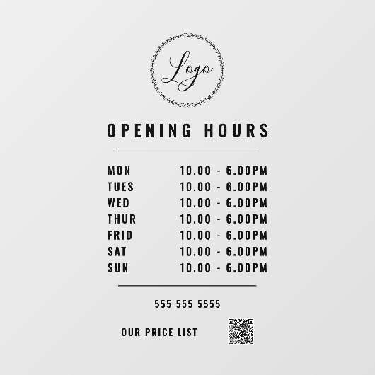 Autocollant Pour Fenêtre Horaires d'ouverture noir Logo Code QR transparent (Feuille)