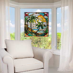 Autocollant Pour Fenêtre Île tropicale au coucher du soleil Faux vitrail