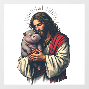 Autocollant Pour Fenêtre Jésus tenant un bébé Moo Deng Hippo