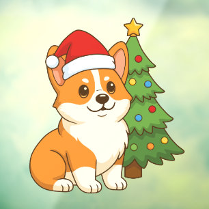Autocollant Pour Fenêtre Joli chien Corgi avec un chapeau rouge et un sapin