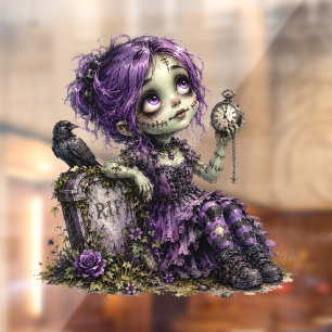 Autocollant Pour Fenêtre Jolie fille zombie assise sur une pierre tombale a