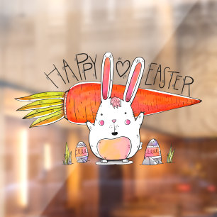 Autocollant Pour Fenêtre Joyeuses Pâques Lapin Mignon Tenant Carotte