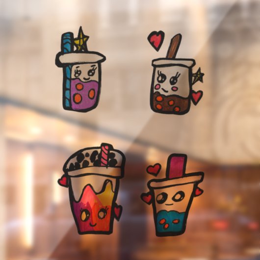 Autocollant Pour Fenêtre Joyeux Boba Tea Bubble Teas Bobas Kawaii (Feuille 2)
